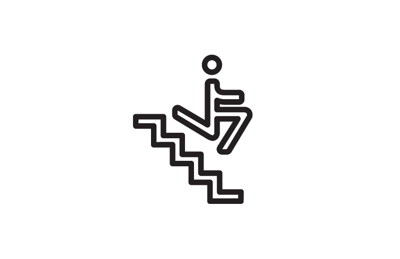 Pictograma de escadas desenvolvido para o sistema de sinalização da 26ª Bienal de São Paulo, utilizando linguagem gráfica linear para representar circulação vertical e orientação de visitantes.