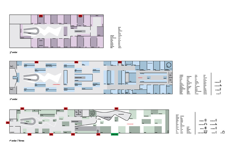 Mapas dos três pavimentos da 26ª Bienal de São Paulo no Pavilhão Ciccillo Matarazzo, com localização de exposições, artistas, representações nacionais, serviços, acessos e sistema de orientação dos visitantes.