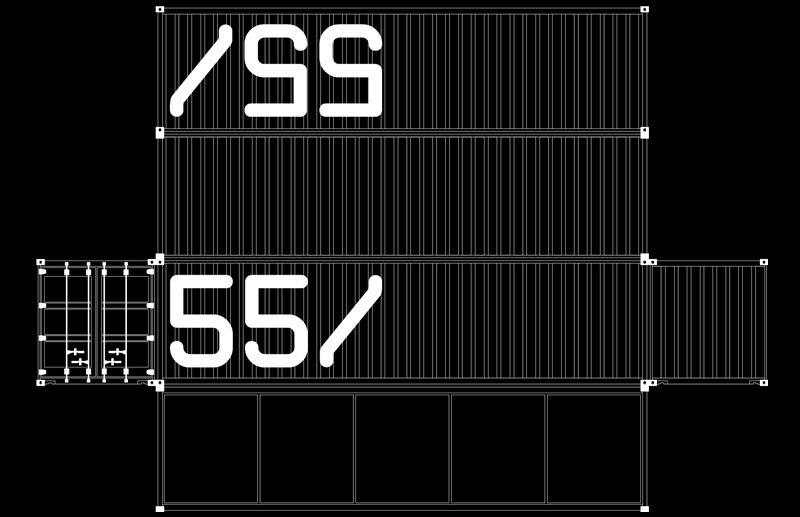 Estudo de aplicação da identidade visual 55_Brands em containers, mostrando diferentes posições e escalas do símbolo “55/” sobre a estrutura modular do equipamento.