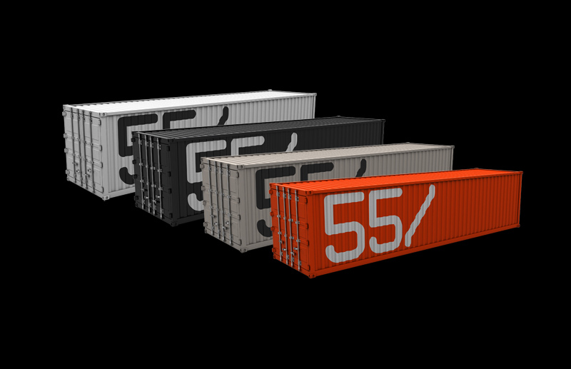 Conjunto de quatro containers 55_Brands em diferentes cores, demonstrando o sistema cromático criado para identificar diferentes pilares e áreas de atuação da consultoria.