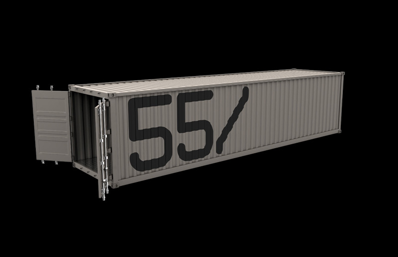 Render 3D de container cinza 55_Brands com portas abertas e logo preto em grande escala, explorando a identidade como parte integrada da arquitetura física do container.