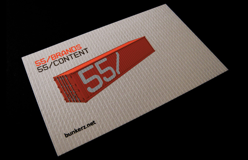 Cartão institucional da 55_Brands dedicado à área 55_Content, com ilustração de container laranja, logo “55/”, tipografia técnica e composição gráfica minimalista.