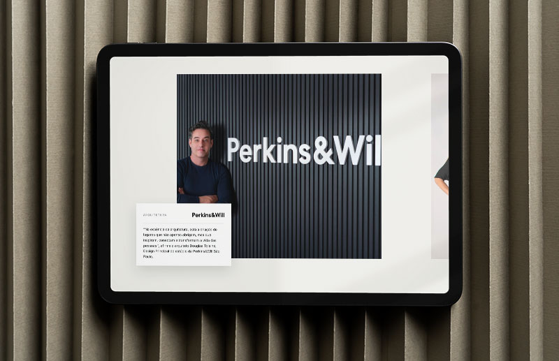 Website section presenting Perkins&Will, the architecture firm responsible for the Blend 468 project. The screen combines a professional portrait, the firm’s visual identity and a text block describing the architectural approach to the development.