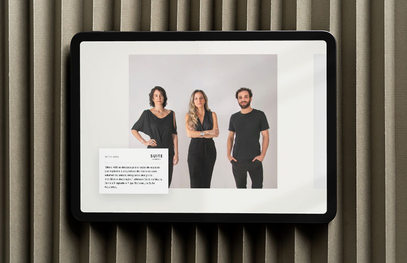 Website section dedicated to Suíte Arquitetos, responsible for the interior design of Blend 468. The composition features a portrait of three members of the studio alongside text describing the concept and design language of the interior spaces.