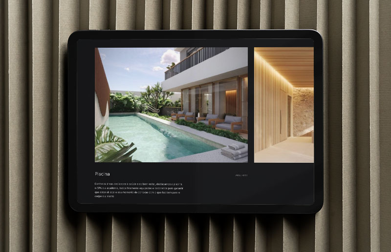 Website section presenting the leisure areas of Blend 468. The main image shows a swimming pool integrated with the building’s landscaping and architecture, while a secondary image features an interior space with natural materials and indirect lighting.