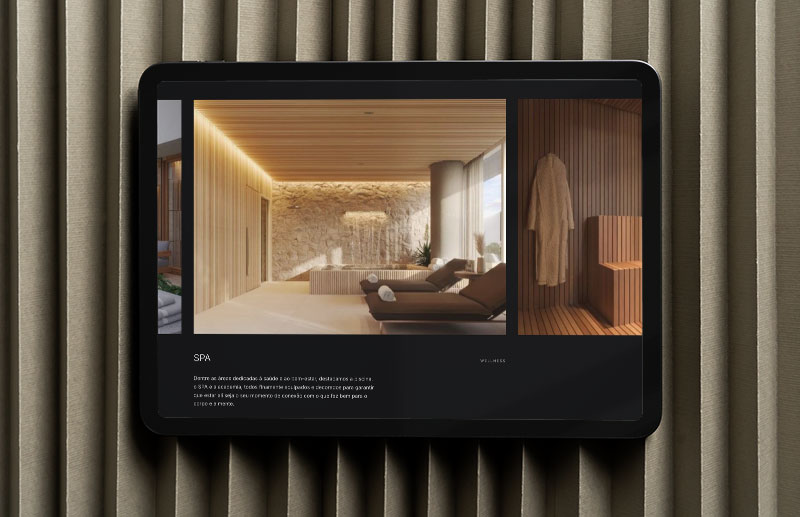 Screen dedicated to the spa and wellness areas of Blend 468, featuring a warm interior with wood finishes, indirect lighting and lounge chairs. A secondary image presents a sauna cabin, reinforcing the development’s focus on well-being.