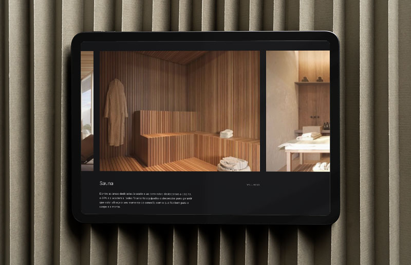 Website section focused on the Blend 468 sauna, shown as a fully wood-clad environment with benches and soft lighting. A secondary image alongside it suggests another space dedicated to personal care and relaxation.