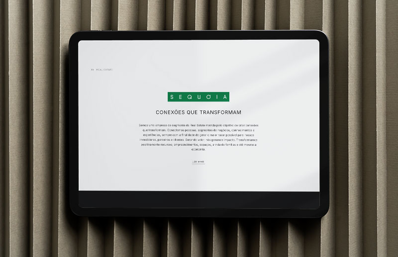 Institutional section of the Blend 468 website dedicated to Sequóia, the developer behind the project. On a light background, the green logo appears above the headline “Connections that transform” and a text introducing the company and its role in the real estate market.