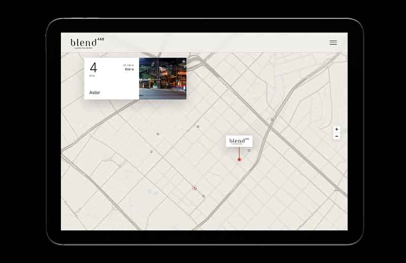 Mapa interativo do website Blend 468 mostrando a localização do empreendimento no Jardim Paulista e sua relação com o entorno urbano. Um marcador identifica o Blend 468, enquanto um cartão lateral destaca um dos pontos de interesse próximos.