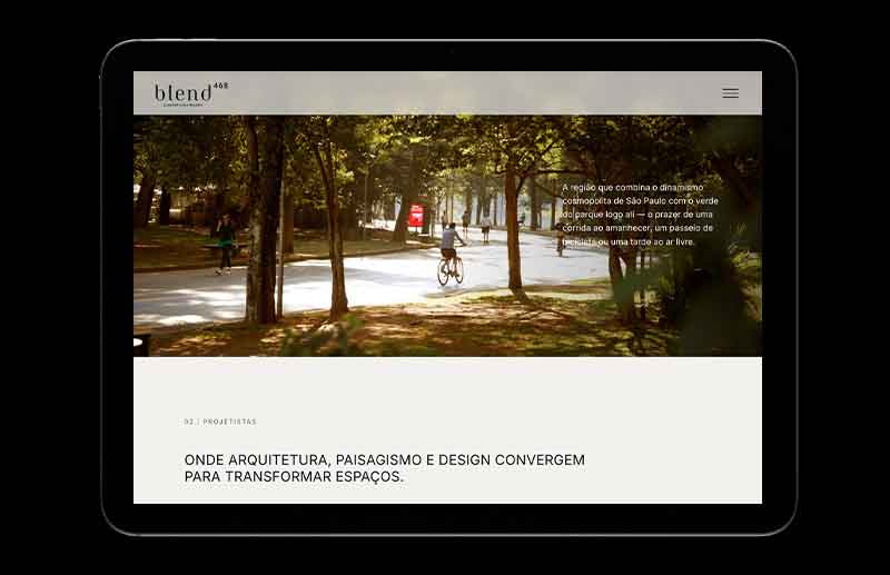 Seção editorial do website com fotografia de uma área arborizada e uma pessoa circulando de bicicleta. O conteúdo apresenta o entorno do Blend 468 como parte da experiência de morar nos Jardins, relacionando mobilidade, áreas verdes e vida urbana.