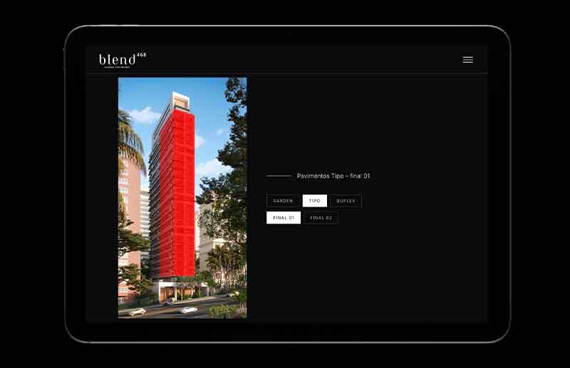 Seção interativa do website apresentando uma visualização vertical do edifício Blend 468. A interface permite navegar entre diferentes configurações do projeto e visualizar sua distribuição dentro da torre.
