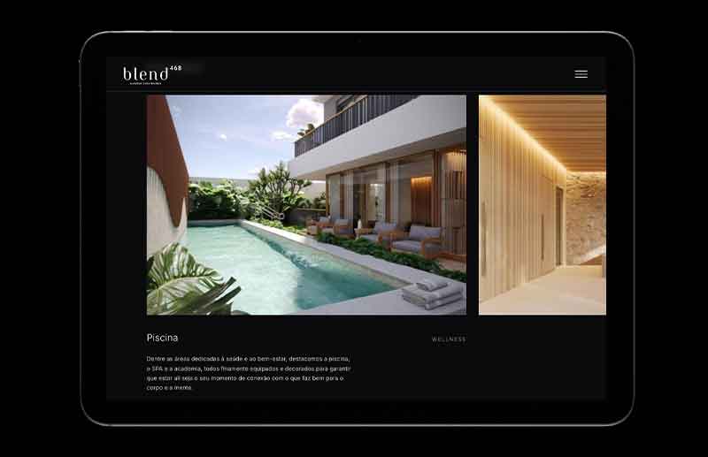 Seção do website dedicada às áreas de lazer e bem-estar do Blend 468. A imagem principal apresenta uma piscina integrada à arquitetura e ao paisagismo, acompanhada por uma segunda imagem de um ambiente interno revestido em materiais naturais.