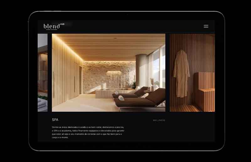 Tela dedicada ao spa do Blend 468, com ambiente de atmosfera acolhedora, revestimentos em madeira, iluminação indireta e espreguiçadeiras. Ao lado, uma imagem de sauna complementa a apresentação das áreas de wellness do empreendimento.