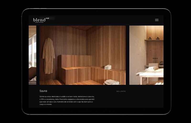 Seção do website dedicada à sauna do Blend 468, com ambiente revestido em madeira, bancos integrados e iluminação suave. Uma segunda imagem mostra outro espaço de bem-estar, reforçando o conceito de relaxamento e cuidado presente nas áreas comuns do empreendimento.