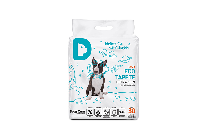 Embalagem de tapete higiênico Eco Ultra Slim Dog's Care, com ilustração de cachorro e elementos espaciais em fundo branco