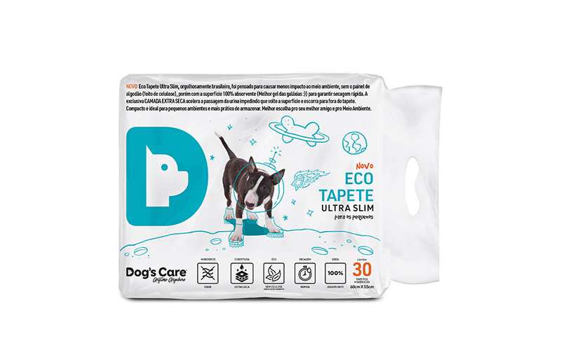 Embalagem Dog's Care Eco Tapete Ultra Slim para cães, com logotipo em azul-petróleo, ilustração de cachorro e ícones de funcionalidades