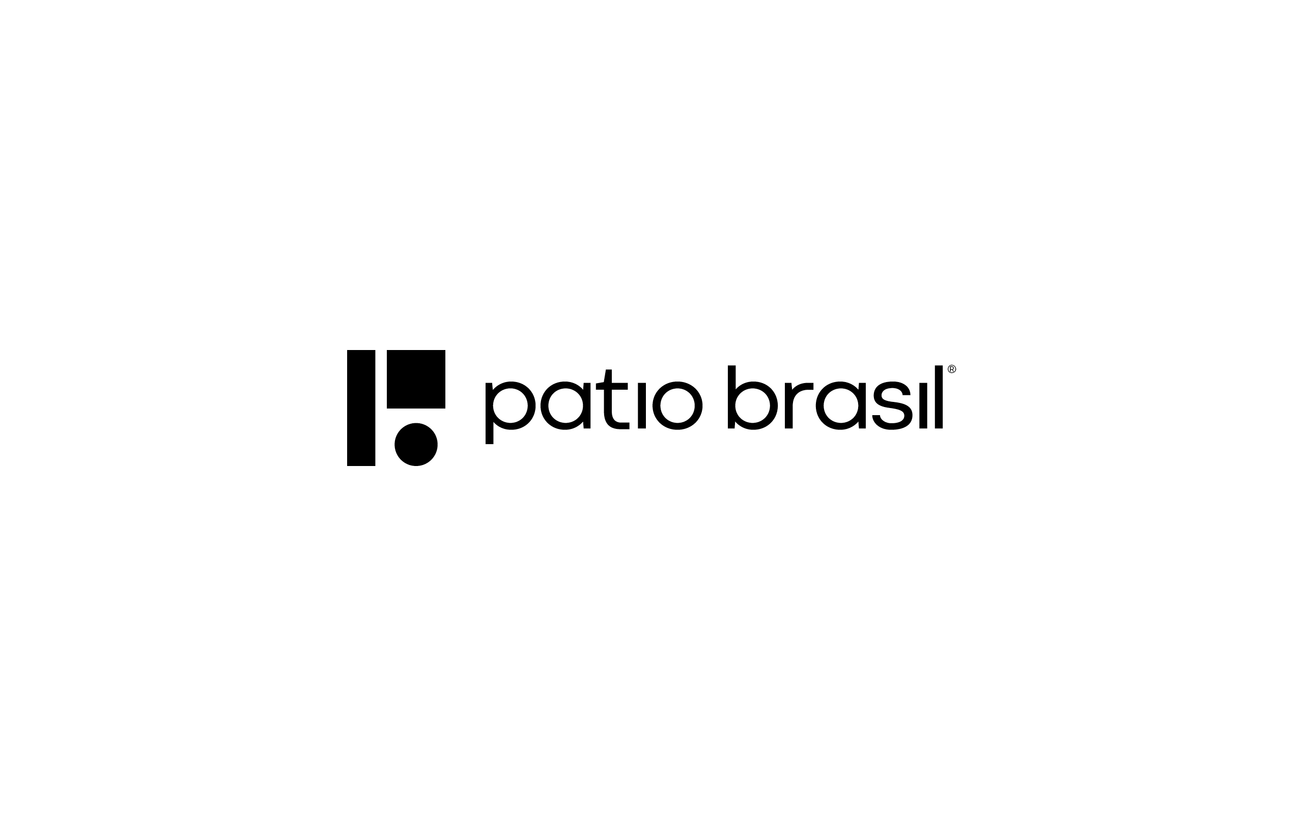 Complete Patio Brasil logo in black on a white background, combining the minimalist geometric symbol with the “patio brasil” wordmark. Visual identity and brand redesign developed by Sandro Bianco and SB\Design.