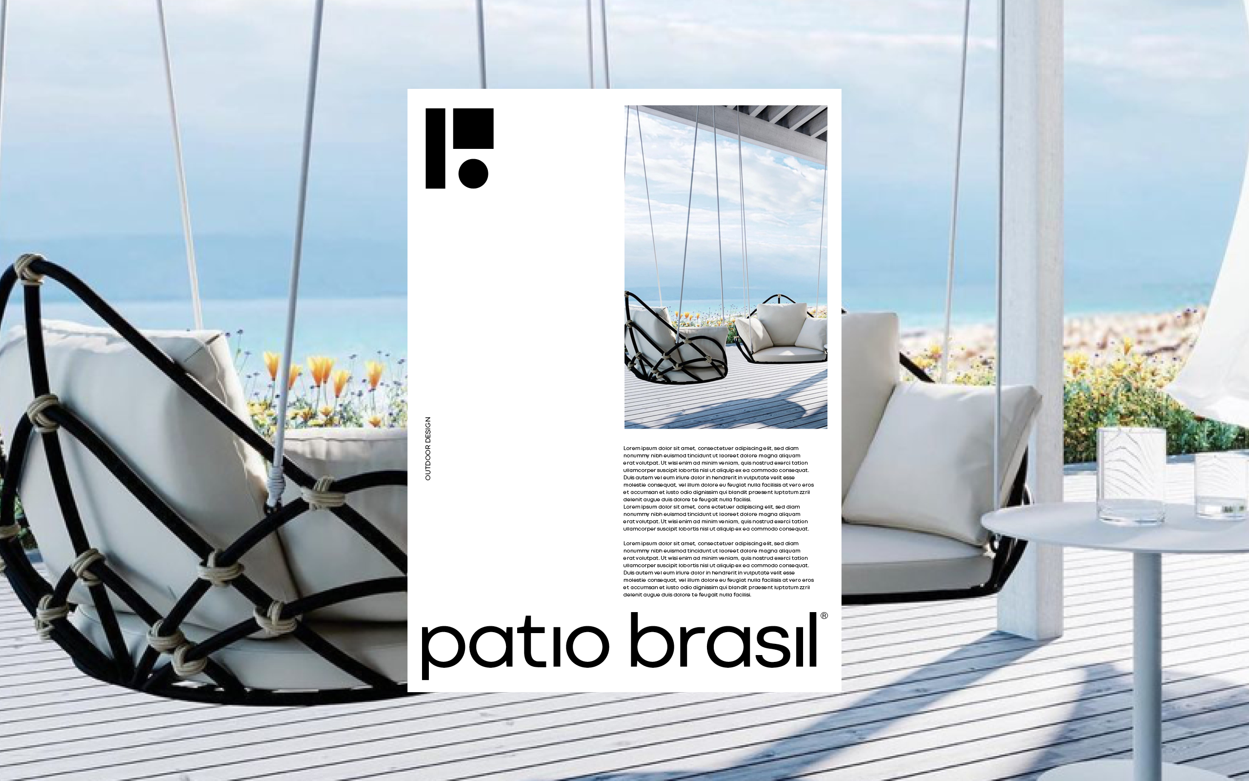 Editorial application of the Patio Brasil identity over a photograph of outdoor furniture in a coastal setting. The vertical white layout combines the geometric symbol, product photography, typography and wordmark, demonstrating the brand’s graphic system.