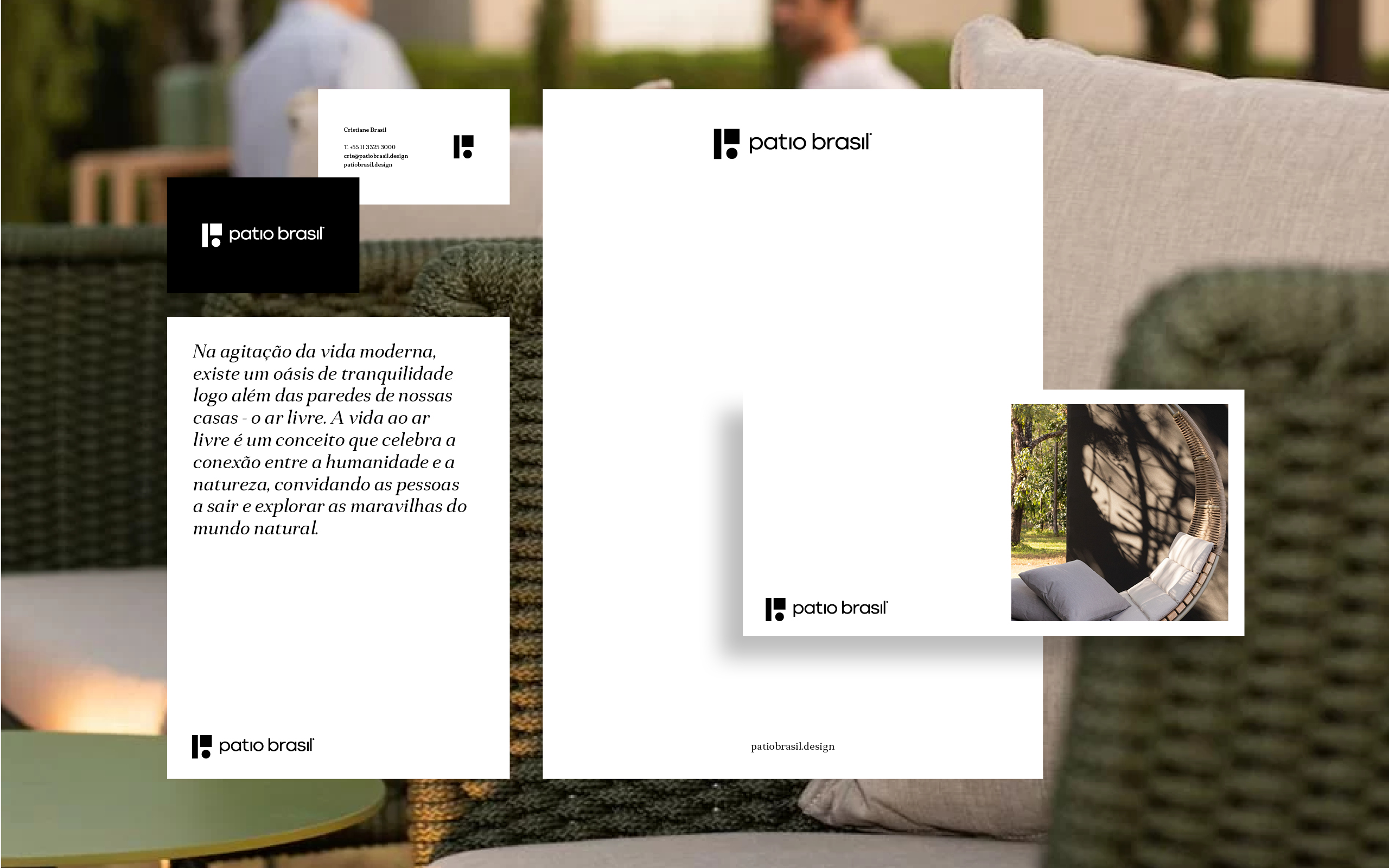 Patio Brasil visual identity system applied to business cards, letterhead, institutional cards and communication materials. The composition uses black, white, outdoor furniture photography, the geometric symbol and wordmark in a minimalist visual language.