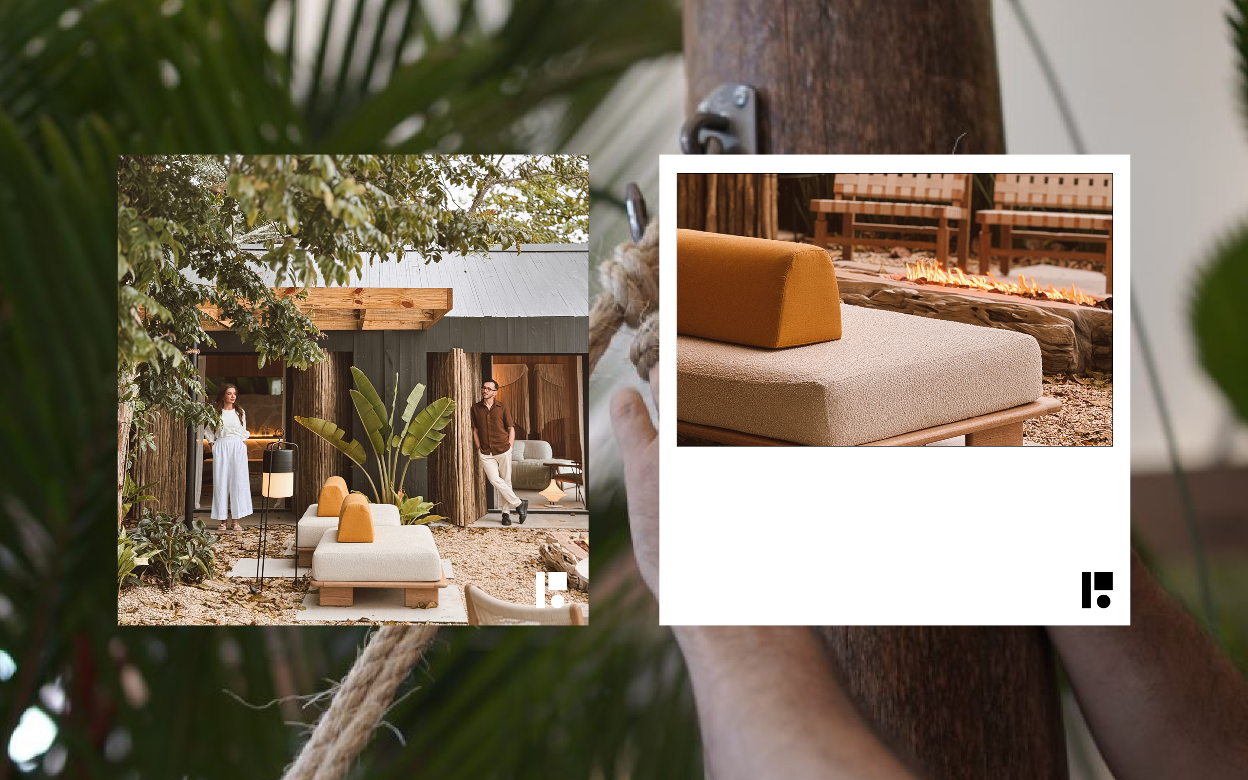 Patio Brasil visual identity applications combined with outdoor furniture photography in a residential environment integrated with nature. The pieces highlight product photography, minimalist editorial composition and the use of the graphic symbol as the brand’s visual signature.