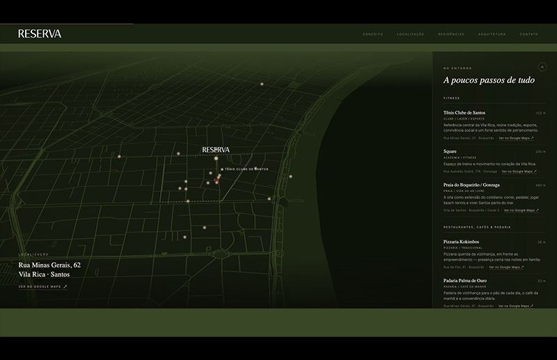 Segunda visão do mapa interativo do Reserva Vila Rica, mostrando a relação do empreendimento com a malha urbana, o Tênis Clube de Santos e a proximidade do litoral. O painel lateral funciona como guia de serviços, gastronomia, lazer e outros pontos relevantes da região.