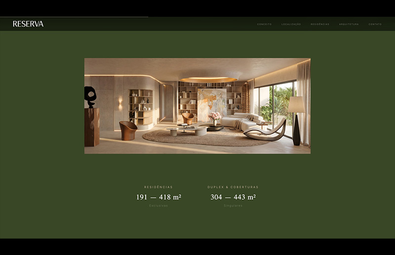 Seção dedicada às residências do Reserva Vila Rica, com imagem de um interior amplo e sofisticado, mobiliário contemporâneo e integração com a vegetação externa. A página informa residências de 191 a 418 m² e duplex e coberturas de 304 a 443 m².