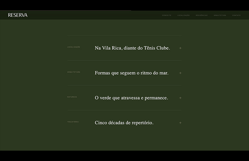 Seção editorial da landing page Reserva Vila Rica que organiza quatro pilares do empreendimento: localização, arquitetura, natureza e trajetória. Os títulos destacam a relação com a Vila Rica, o mar, a presença do verde e as cinco décadas de experiência da incorporadora.