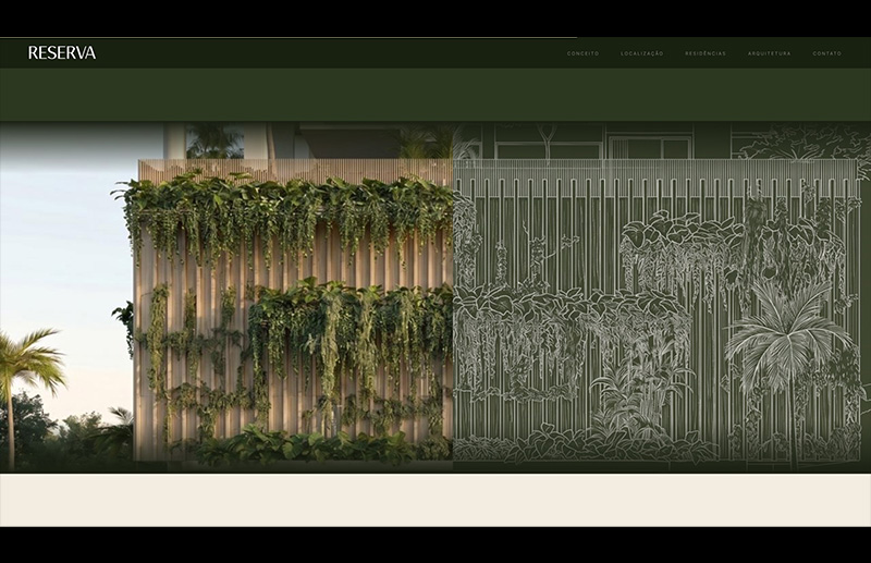 Seção visual sobre a arquitetura do Reserva Vila Rica mostrando a fachada do edifício coberta por vegetação, combinada a um desenho técnico em linhas brancas. A composição sobrepõe imagem realista e representação arquitetônica para evidenciar a integração entre construção e paisagismo.