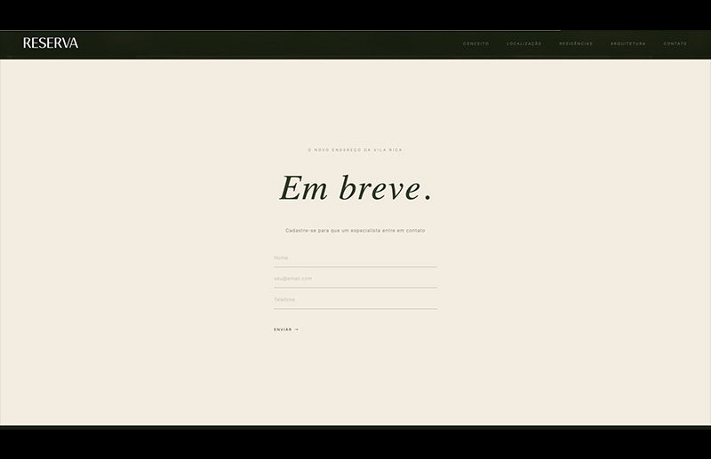 Tela de pré-lançamento do Reserva Vila Rica com fundo claro e a mensagem “Em breve.” em destaque. Abaixo, um formulário solicita nome, e-mail e telefone para que interessados recebam contato de um especialista.