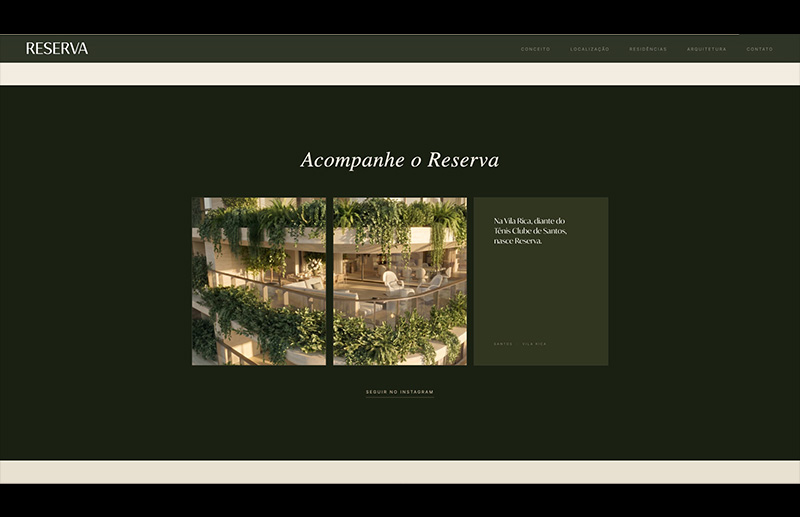 Seção “Acompanhe o Reserva” da landing page, em fundo verde escuro, com imagens do empreendimento e uma peça gráfica sobre a Vila Rica. A composição convida o usuário a acompanhar o projeto pelo Instagram.