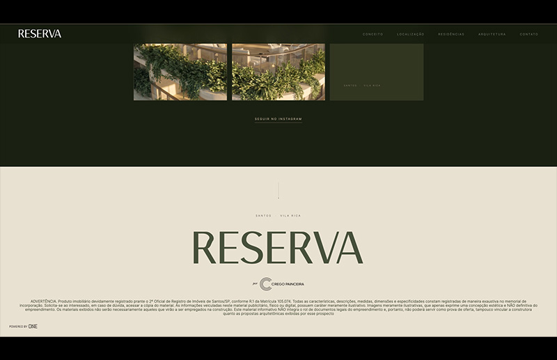 Rodapé da landing page Reserva Vila Rica, com o logotipo “RESERVA” em grande escala sobre fundo claro, assinatura da Crego Painceira e informações legais do empreendimento. Na parte superior ainda aparece o encerramento da seção de Instagram e, no canto inferior, o crédito “Powered by ONE”.