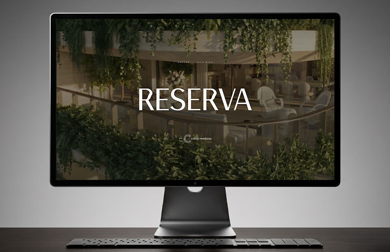 Concept section of the Reserva Vila Rica landing page on a dark green background, featuring the statement “In Vila Rica, across from Tênis Clube de Santos, Reserva is born.” The lower area introduces the neighborhood map.