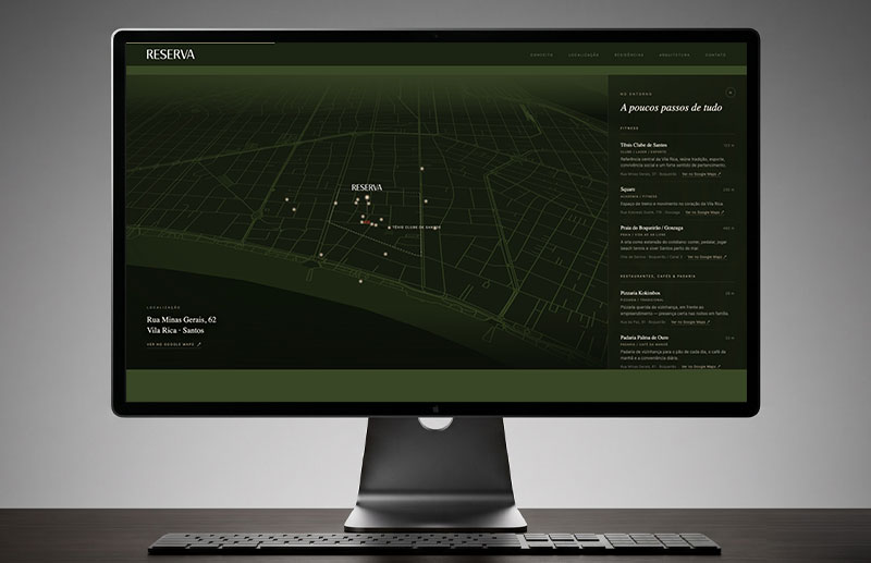 Interactive map of the Reserva Vila Rica surroundings, with the development marked at the center and multiple points of interest distributed across the area. A side panel presents a guide to services, restaurants, leisure and nearby destinations.