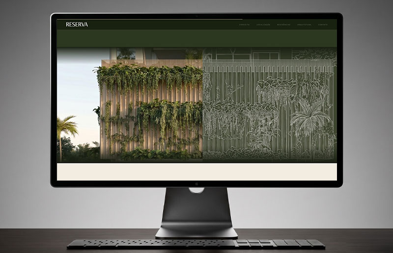 Visual section combining a realistic image of the Reserva Vila Rica façade with a white-line architectural drawing. The transition highlights the building structure and the integration between architecture and vegetation.