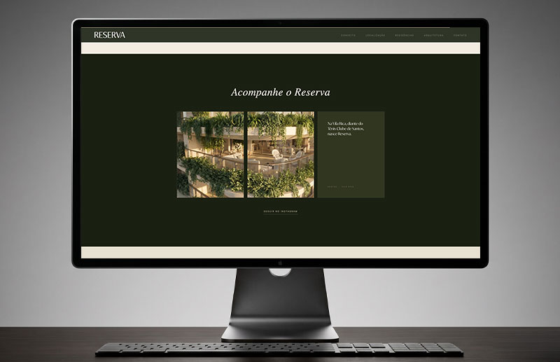 “Follow Reserva” section featuring images of the development and a graphic piece about Vila Rica. The composition presents the project’s digital presence and invites visitors to continue following Reserva through social media.