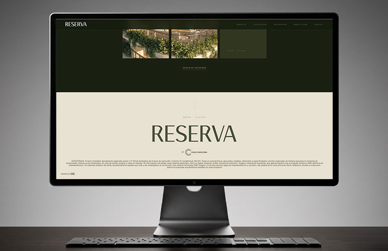 Final screen of the Reserva Vila Rica landing page, featuring the large “RESERVA” logo on a light background, the Crego Painceira signature and legal information about the development. The upper area completes the social media section, while the footer includes the ONE credit.